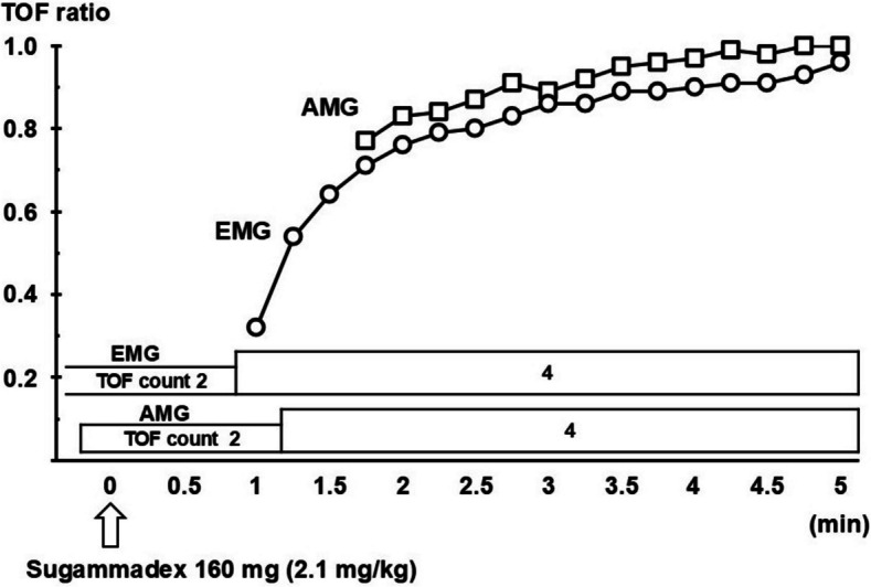 A patient with myasthenia gravis showing lower sensitivity to rocuronium and earlier recovery of train-of-four responses on electromyography compared to acceleromyography: a case report.