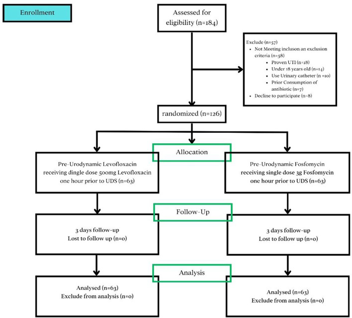 Comparison of the effectiveness of single-dose levofloxacin with single-dose fosfomycin pre-urodynamic study related to the incidence of urinary tract infection: a randomized controlled trial.