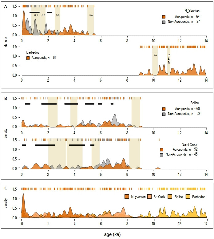 Centennial-scale gaps in a 5500-year acroporid growth trajectory from a Caribbean coral reef.