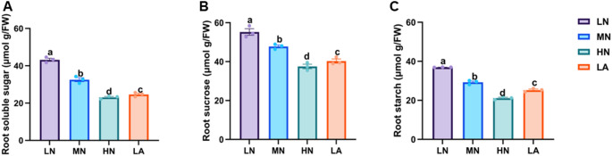 Nitrogen deficiency identifies carbon metabolism pathways and root adaptation in maize.