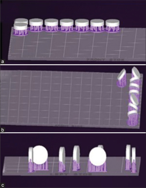 To evaluate the surface roughness and color stability of 3D-printed polymethyl methacrylate resin at three printing orientations following polishing and coating: An in vitro study.