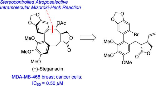 Total Synthesis of (−)-Steganacin via Stereocontrolled Atroposelective Intramolecular Mizoroki-Heck Reaction and Evaluation of Biological Activity