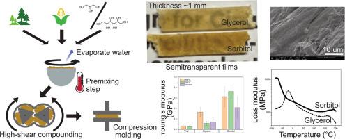 Pulp fiber-based composites with plasticized starch via high-shear mixing