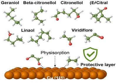 Theoretical Investigation of Geranium Essential Oil Compounds as Green Corrosion Inhibitors for Copper: Insights From DFT, Monte Carlo, and Molecular Dynamics Simulations
