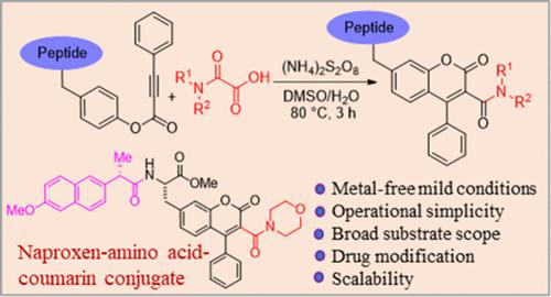 Metal-Free Carbamoylation/Annulation Cascade of Aryl Alkynoates: Synthesis of Carbamoylated Coumarins, Coumarin-Decorated Unnatural Amino Acids, and Peptides
