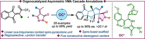 Enantioselective Vinylogous Michael Organocascade of COCF3-Tethered Enediones and Pyrazolinones: Access to Spiro-Fused Linear Oxa-Triquinanes