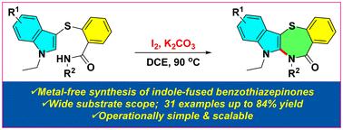 Iodine-mediated synthesis of indole-fused benzothiazepinones through intramolecular C2-amidation of amide-tethered C3-sulfenylindoles
