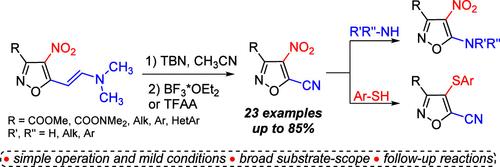 tert-BuONO-Promoted Nitrosation of 4-Nitroisoxazole-Based Enamines: Synthesis of 5-Cyanoisoxazoles and Their Application