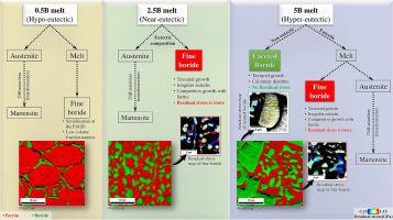 Non-eutectic versus eutectic borides in a boride-ferrite composite: Differences in microchemistry, microtexture, and residual stress
