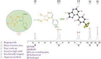 Environment friendly synthesis of trifluoromethyl-festooned pyrazolo[1,5-a]pyrimidines with promising biological activity