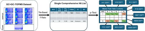 Implementing tile-based fisher ratio analysis of two-dimensional gas chromatography time-of-flight mass spectrometry data to obtain a master peak table of all detected analyte compounds in many petroleum-based samples