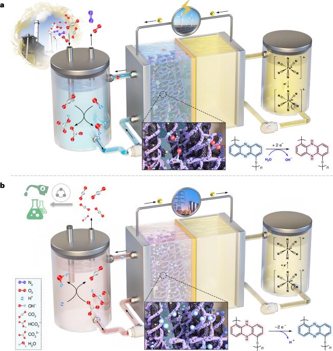 Direct air capture of CO2 in an electrochemical hybrid flow cell with a spatially isolated phenazine electrode