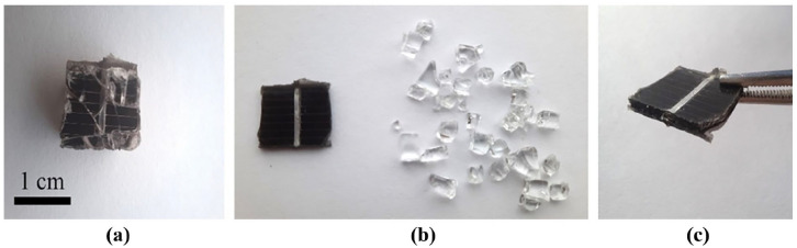 An application of solvent and thermal treatment to recover materials from photovoltaic module encapsulated with polyolefin elastomer.