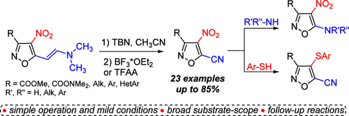 tert-BuONO-Promoted Nitrosation of 4-Nitroisoxazole-Based Enamines: Synthesis of 5-Cyanoisoxazoles and Their Application