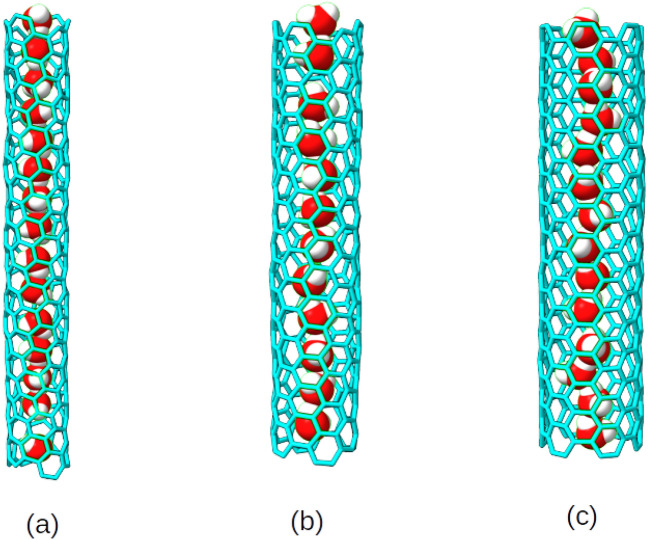 Dynamics and vibrational spectroscopy of quasi-one dimensional water wires inside carbon nanotubes of different diameter and chirality.