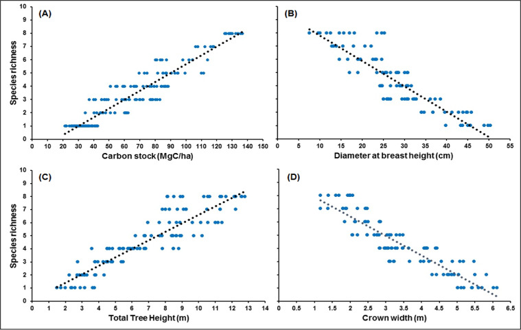 Linking woody plant species richness with selected ecosystem services and dendrometric features in Okalma natural forest reserve.