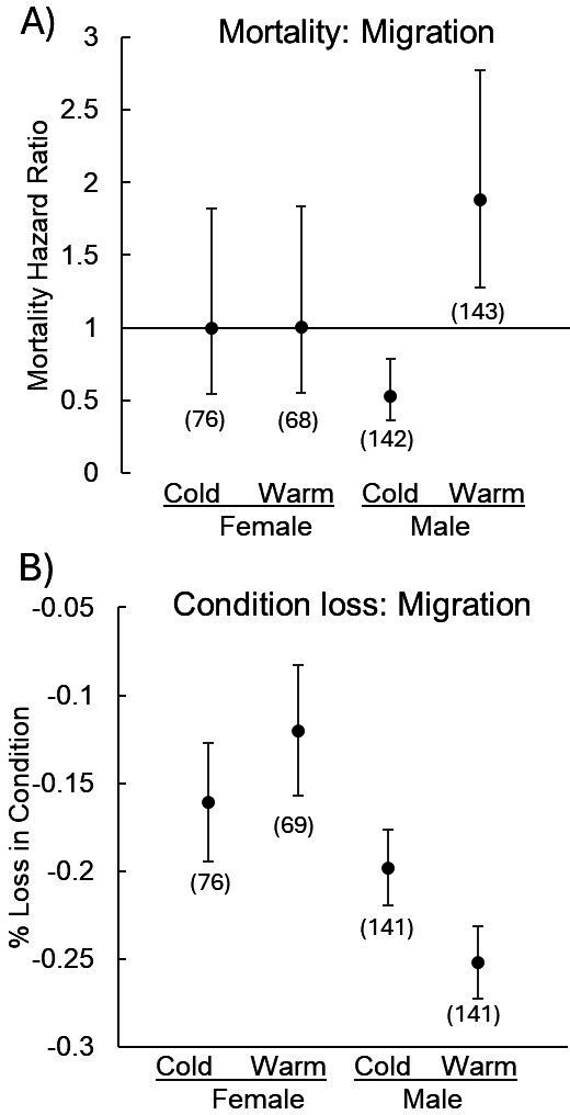 The impact of temperature on the reproductive development, body condition and mortality of autumn migrating monarch butterflies in the laboratory.