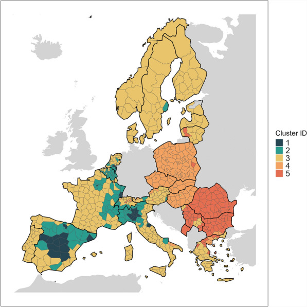 The spatiotemporal dynamics of COVID-19 in Europe: time-series clustering maps 5 distinct trajectories to spatial patterns.