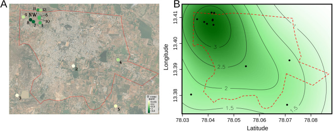 The distribution of groundwater uranium in Chintamani village, Karnataka, India.