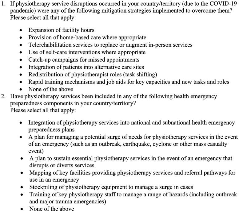 Global response to physiotherapy services disruptions during the COVID-19 pandemic and the level of preparedness for the next health emergency.