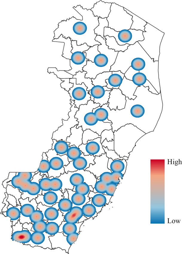 Spatiotemporal distribution of leptospirosis in the Espirito Santo State, Brazil.