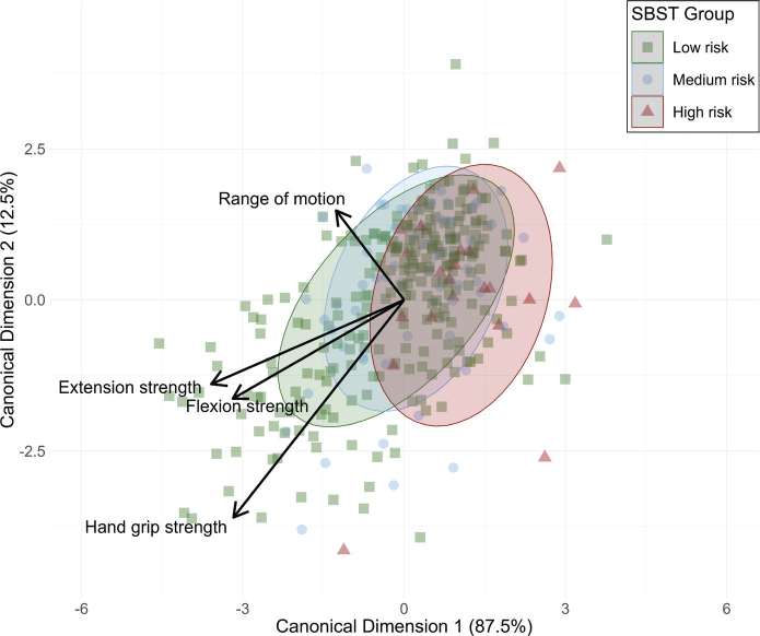 Cross-sectional differences of physical and psychosocial measures in low back pain according to pain chronification risk groups.