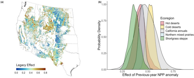 Widespread legacy effects on net primary productivity across western US drylands.