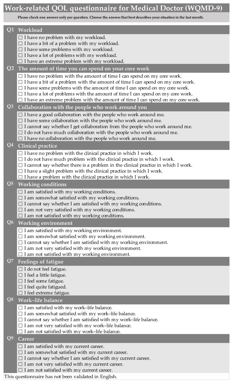Development of a Work-Related Quality of Life Questionnaire for Medical Doctors (WQMD-9) in Japan: Questionnaire Design and Quantitative Survey.