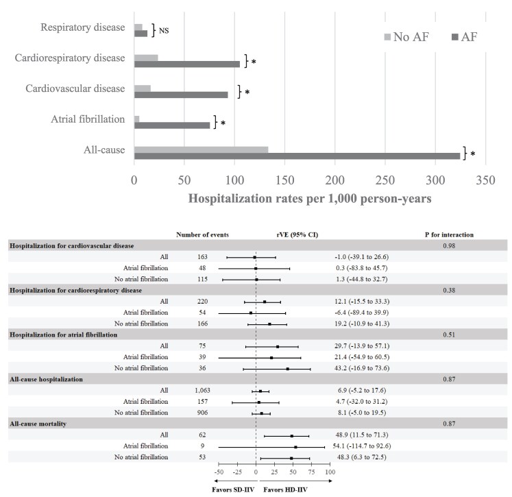 Relative vaccine effectiveness of high-dose vs. standard-dose influenza vaccine against clinical outcomes according to history of atrial fibrillation: a pre-specified analysis of the DANFLU-1 randomized trial.