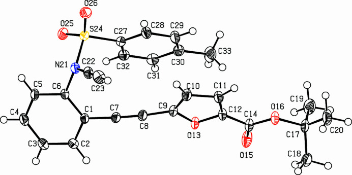 tert-Butyl 5-{2-[2-(N-ethynyl-4-methyl­benzene­sulfonamido)­phen­yl]ethyn­yl}furan-2-carboxyl­ate