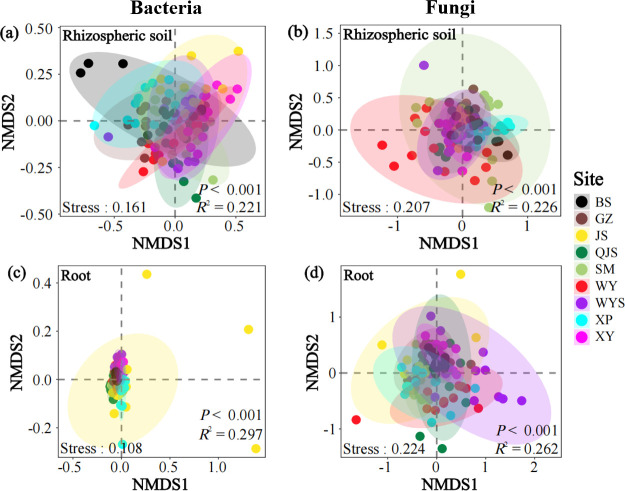 Regional-scale biogeographical patterns of soil- and root-associated microbial communities across nine planted Chinese fir forests.
