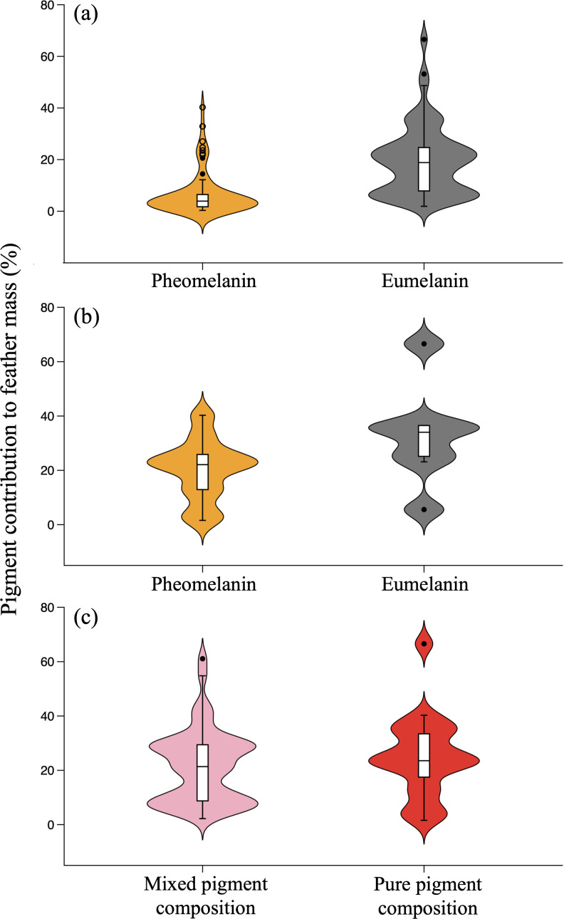 Pigment contribution to feather mass depends on melanin form and is restricted to approximately 25.