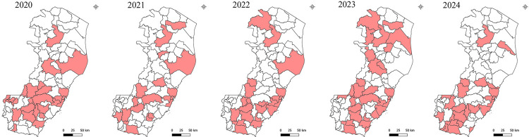Spatiotemporal distribution of leptospirosis in the Espirito Santo State, Brazil.