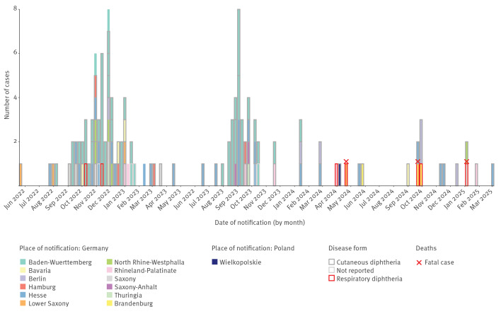 Two diphtheria sub-clusters with autochthonous cases in Germany and Poland within a <i>Corynebacterium diphtheriae</i> ST-574 outbreak, 2022 to July 2025.