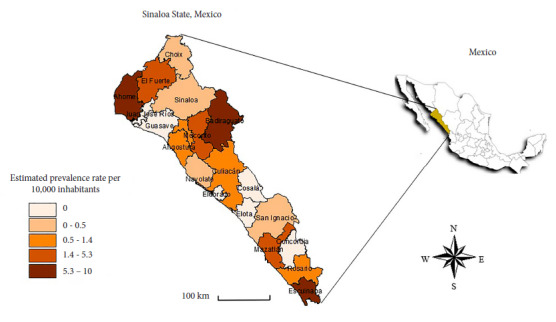 Spatial and temporal behavior of rocky mountain spotted fever in Sinaloa, Mexico: study period 2015-2023.