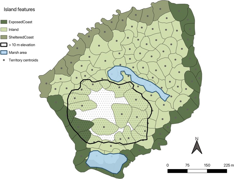 Gut microbiome communities demonstrate fine-scale spatial variation in a closed, island bird population.