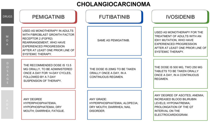Safety profiles of the new target therapies-pemigatinib, futibatinib, and ivosidenib-for the treatment of cholangiocarcinoma: a systematic review.