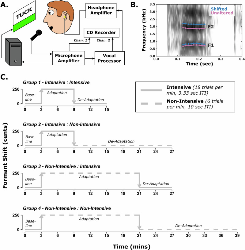 Auditory-motor adaptation and de-adaptation for speech depend more on time in the new environment than on the amount of practice.