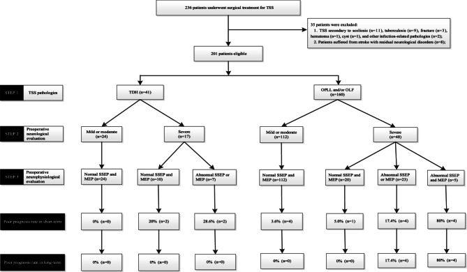 Predicting spinal neurological prognosis in patients with surgical treatment for thoracic spinal stenosis based on neurological and neurophysiological evaluation.