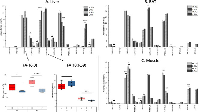 Systemic analyses show that the biosynthesis and spatial distribution of fatty acids, triglycerides and lipids differed in male and female mice and humans.