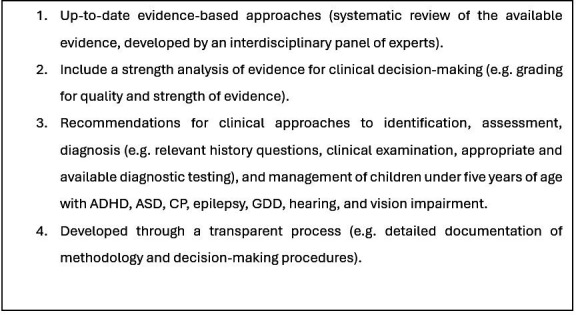 Scoping review of evidence-based practice guidelines for the evaluation and care of young children with developmental disabilities in LMIC settings: evidence for action.