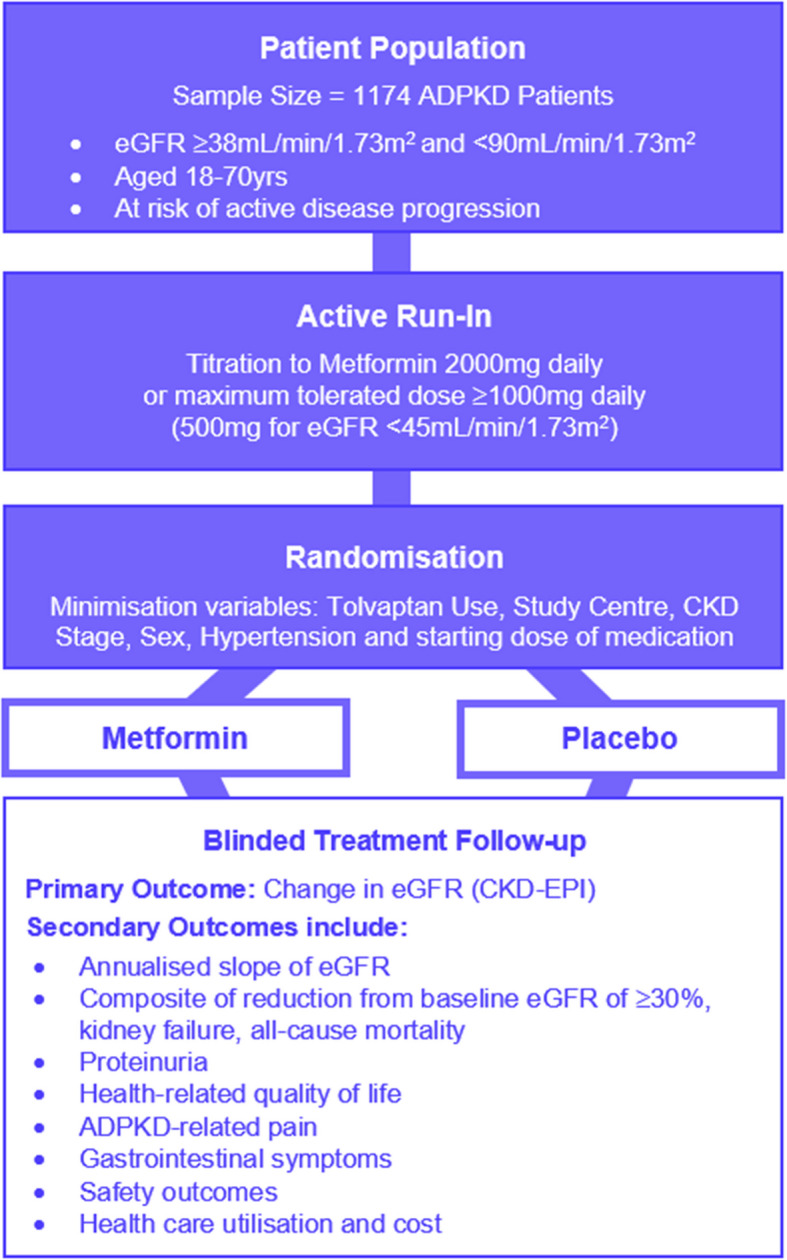 Implementation of Metformin Therapy to Ease Decline of Kidney Function in Polycystic Kidney Disease (IMPEDE-PKD): study protocol for a phase III, multi-centre, randomized, placebo-controlled trial evaluating the long-term efficacy of metformin in slowing the rate of kidney function decline in patients with autosomal dominant polycystic kidney disease.