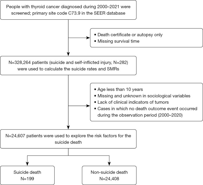 Elevated suicide risk in thyroid cancer patients: determining mortality rates and identifying predictive factors using Surveillance, Epidemiology, and End Results (SEER) data.