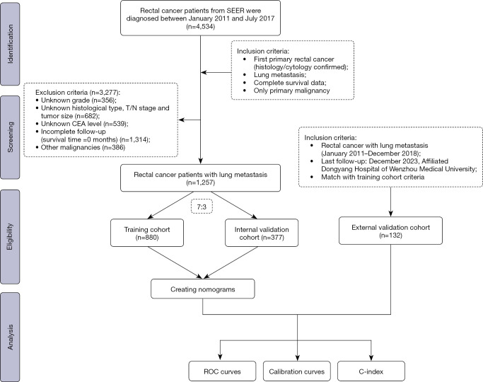 Prognostic nomogram for overall survival in rectal cancer with synchronous lung metastases using Surveillance, Epidemiology, and End Results data and a single-center external validation cohort.
