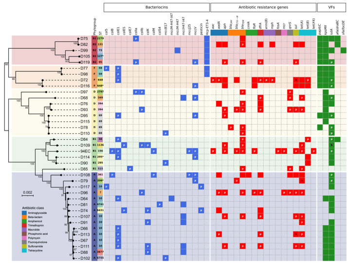 Comparative Genomics of DH5α-Inhibiting <i>Escherichia coli</i> Isolates from Feces of Healthy Individuals Reveals Common Co-Occurrence of Bacteriocin Genes with Virulence Factors and Antibiotic Resistance Genes.