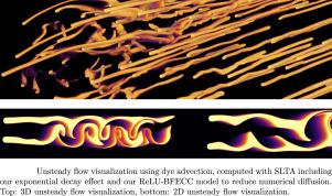 Dye advection without the blur: ML-based flow visualization