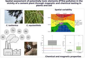 Spatial assessment of potentially toxic elements (PTEs) pollution in the vicinity of a cement plant through magnetic and chemical testing in plants and soil