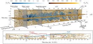 Particle transport and clustering in wind turbine wake under sand-laden environment