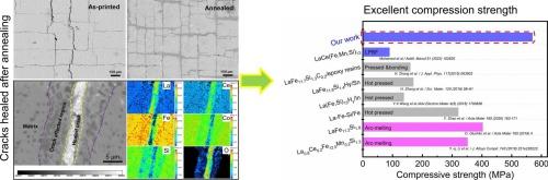 Enhancement of the mechanical strength in laser powder bed fused La/Ce-rich La-Ce-Fe-Co-Si magnetocaloric materials via crack healing