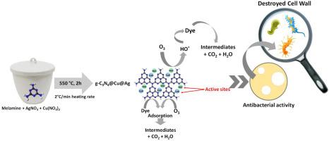 Development of bimetallic g-C3N4 nanocatalysts for efficient organic dye catalytic ozonation and antibacterial activities